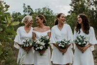 comfy and lovely white over the knee A-line bridesmaid dresses with bell sleves and V-necklines are cool for a neutral wedding