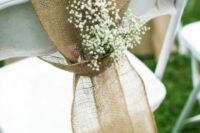 easy and lovely wedding chair decor with burlap and baby’s breath is a lovely idea for a rustic wedding