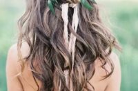 loose waves with a braided halo and a leaf crown are a great combo for a boho summer bride