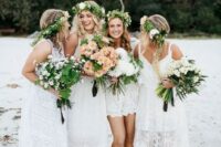 mismatched white lace bridesmaid dresses for a boho beach wedding in neutral colors