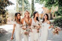 mismatching midi white bridesmaid dresses and nude shoes are a timeless combo for a wedding done in neutral shades