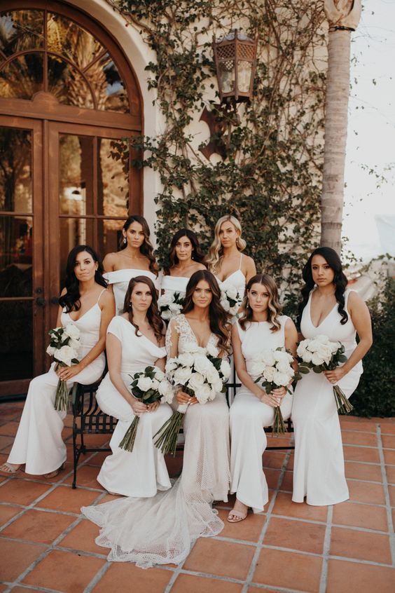 mismatching plain maxi bridesmaid dresses are an ultimate and chic idea for a modern or minimalist wedding