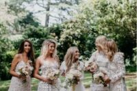 mismatching white boho lace mini and midi bridesmaid dresses and white sneakers for maximal comfort at the wedding