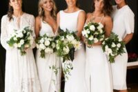 mismatching white midi and knee bridesmaid dresses plus silver heels are a great combo for a spring or summer wedding