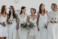 mismatching white over the knee, knee and midi bridesmaid dresses with lace and without are cool for a boho bridal party