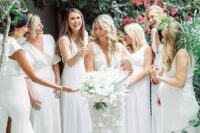 modern plain white bridesmaid dresses with various necklines and lengths for a bold modern look