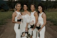 sexy minimalist halter neckline midi bridesmaid dresses and nude shoes are an ultimate combo for a modern or minimalist wedding