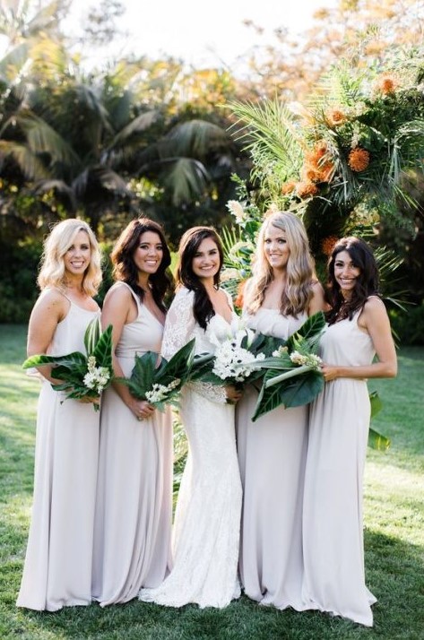 simple white strap maxi bridesmaid dresses will prevent overheating on a hot wedding day, great for outdoor weddings