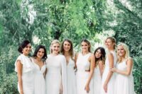 ultra-modern mismatching white maxi and midi bridesmaid dresses are amazing for a modern or minimalist bridal party
