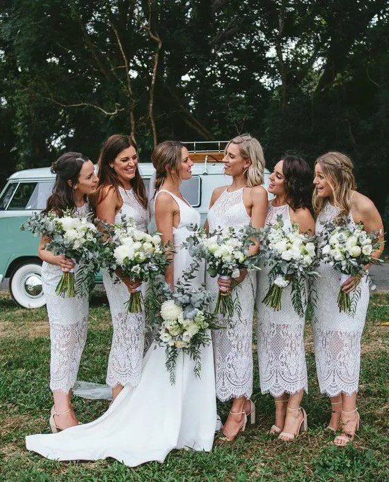 white boho lace midi bridesmaid dresses with halter necklines and nude shoes are very chic and very elegant and will fit a summer wedding