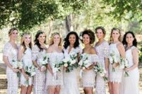 white boho lace mini and midi bridesmaid dresses with various necklines and silhouettes are very stylish and edgy
