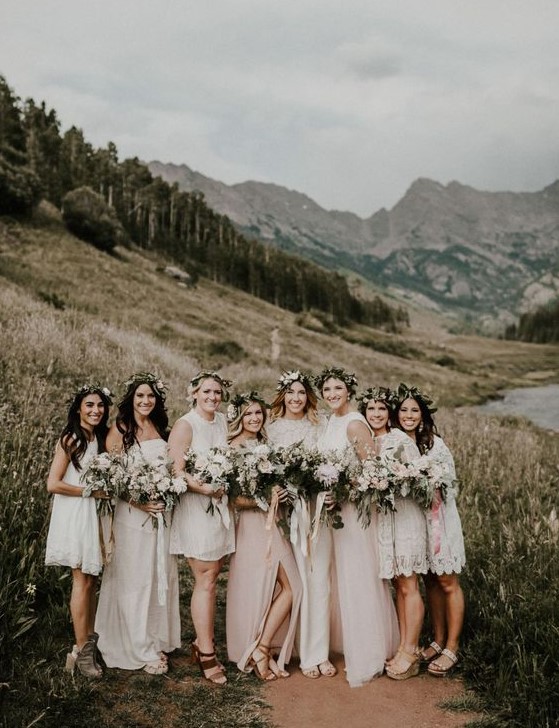 white lace short mismatched bridesmaids' dresses and various shoes for a cool neutral boho wedding