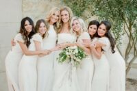 white maxi bridesmaid dresses with cap sleeves and a high neckline plus side slits