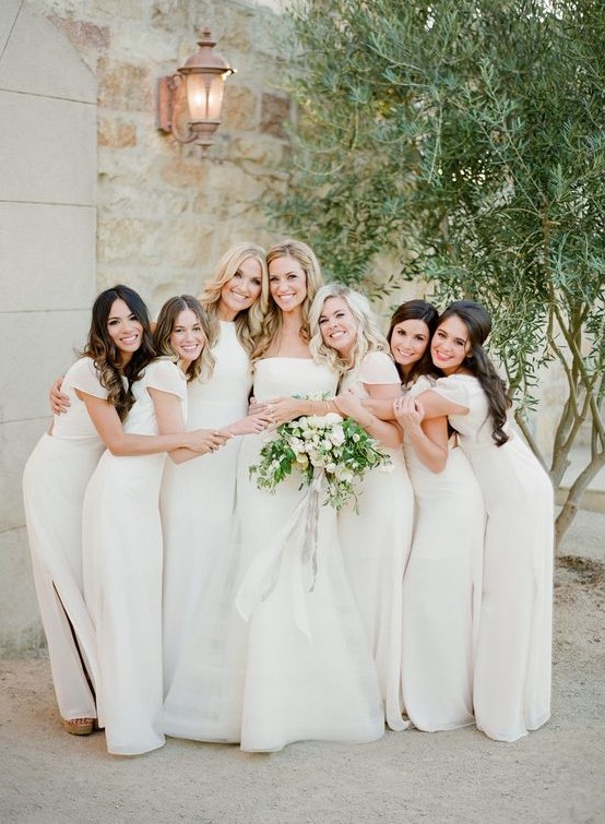 white maxi bridesmaid dresses with cap sleeves and a high neckline plus side slits