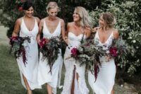 white midi slip bridesmaid dresses with deep necklines and side slits are a chic idea for a tropical wedding will let your friends feel comfortable