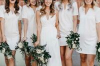white minimalist mini bridesmaid dresses with V cuts and short sleeves are timeless