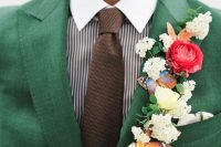 34 a very bold and eye-catchy floral lapel with pink and neutral blooms, greenery and faux butterflies is super creative