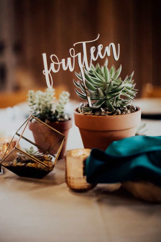 a boho wedding centerpiece with candles, a terrarium with succulents, potted succulents and a calligrpahy table number