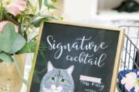 a cocktail menu with a cat who is missing printed is a lovely idea for a wedding