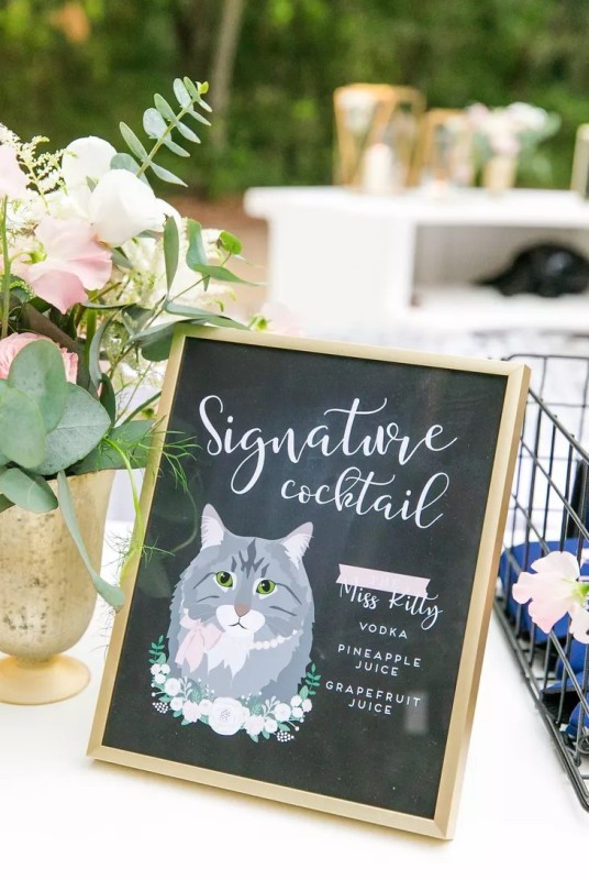 a cocktail menu with a cat who is missing printed is a lovely idea for a wedding