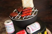 a funny grill-themed groom’s cake with meat, sausages, beer and even flames is a lovely idea for a groom who loves to grill
