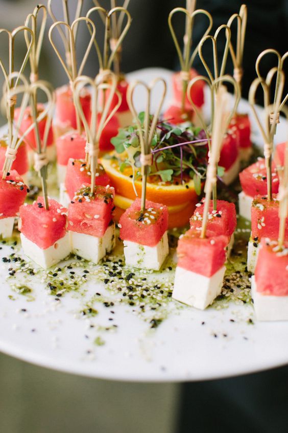 cheese and watermelon skewers with sesame seeds are a fresh and tasty idea to try for spring and summer