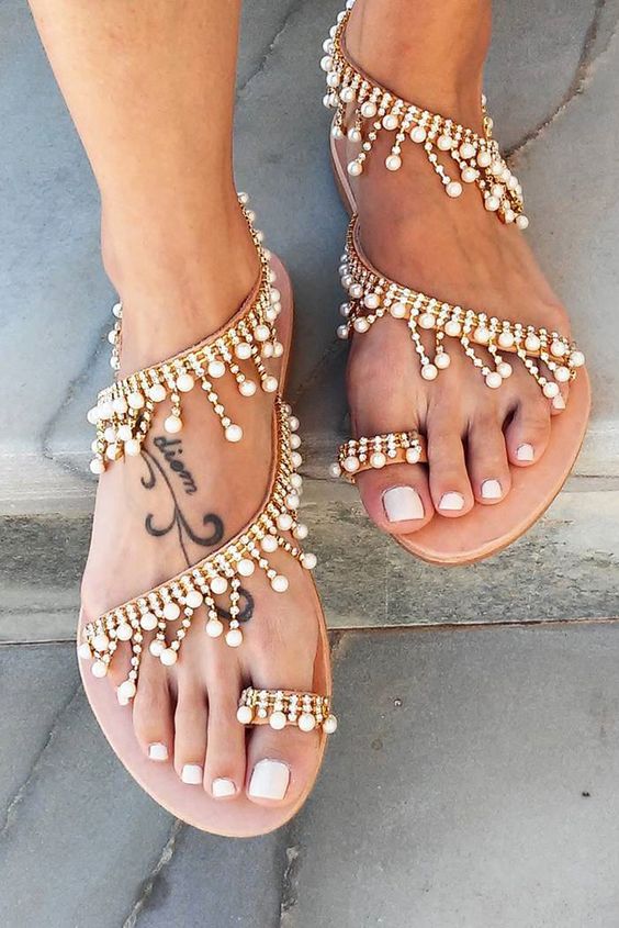 gypsy embellished wedding sandals are amazing for a boho beach bride who doesn't want to go barefoot