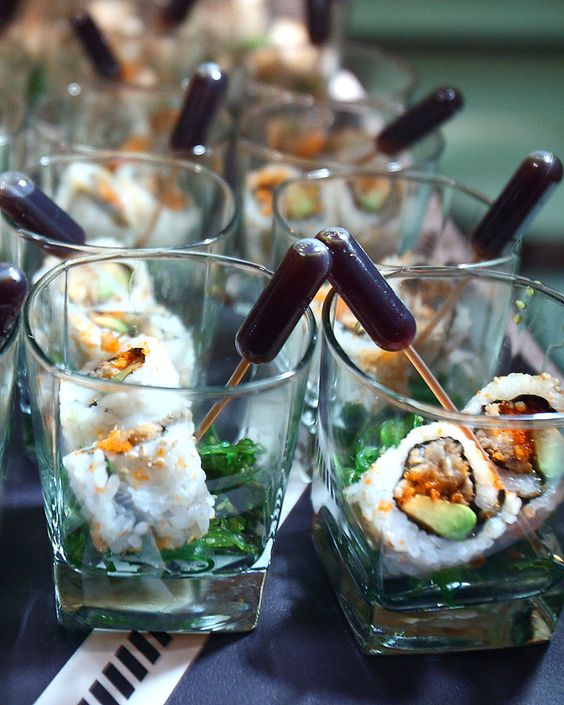 sushi with soy sauce pipettes is a creative serving idea for a couple who loves seafood