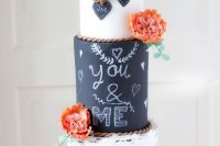 a bold and eye-catchy wedding cake with a birch, white and chalkboard tier, with chalking, chalkboard hearts, bold blooms is amazing