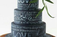 a lovely rustic chalkboard wedding cake with chalking, greenery, neutral and bold blooms is amazing for your wedding