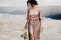 a shiny rose gold wedding dress