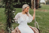 a slip underdress, a lace applique overdress and a faux fur coverup for a fall woodland wedding