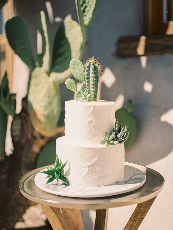a white textural buttercream wedding cake topped with succulents and cacti for a rustic look