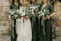 dark green bridesmaid midi dresses and a beautiful neutral high low wedding gown with a train