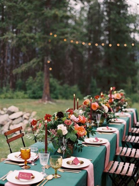 a colorful jewel tone wedding tablescape for a fall mountain wedding