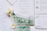 a cool wedding invitation suite in greens with all the mountain stuff handpainted is a great idea