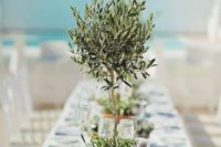 a potted olive mini tree with candles in jars hanging on it is a cool and eco-friendly centerpiece for any wedding