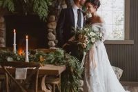 a super lush evergreen and pinecone plus greenery wedding table runner is a great idea for a cabin or just rustic winter wedding