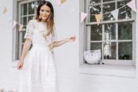 a white lace midi dress, statement earrings and grey shoes for a cute and chic summer bridal shower look