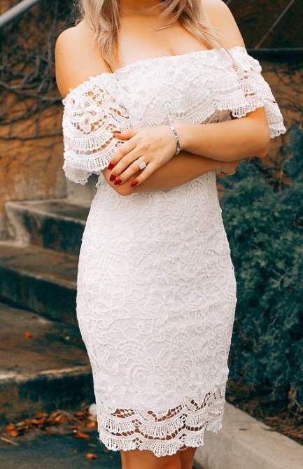 a white lace off the shoulder knee dress will be a base for a chic and sexy outfit