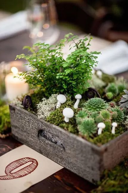 a woodland centerpiece in a crate with moss, succulents, greenery and faux mushrooms