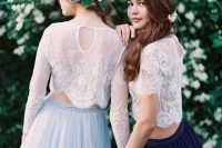 delicate white lace top tops with long or short sleeves and blue and navy tulle A-line skirts for an elegant and chic spring or summer wedding