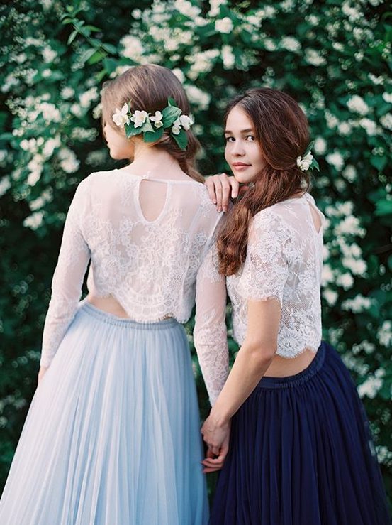delicate white lace top tops with long or short sleeves and blue and navy tulle A-line skirts for an elegant and chic spring or summer wedding