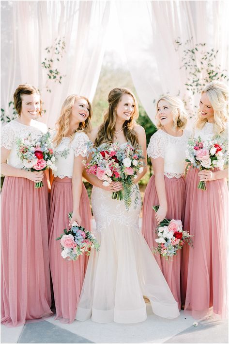 girlish bridesmaid looks with matching white lace tops and pretty pink tulle maxi skirts are adorable for spring or summer weddings