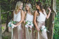matching white tank tops plus rose gold sequin maxi skirts for lovely glam yet simple bridesmaid looks