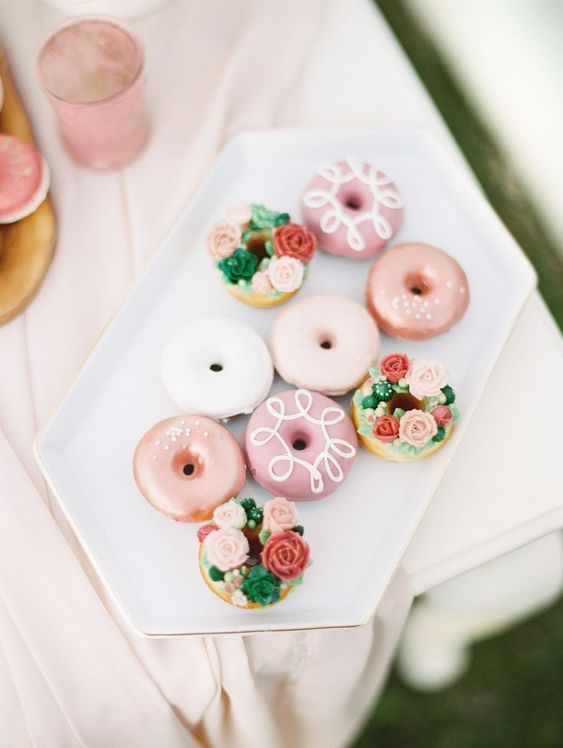 pink and floral glazed donuts are great desserts for a summer bridal shower tea party