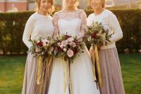 plain white long sleeve tops and blush pleated maxi skirts are ideal for a more relaxed winter wedding as they are comfrotable and look very chic and inspiring