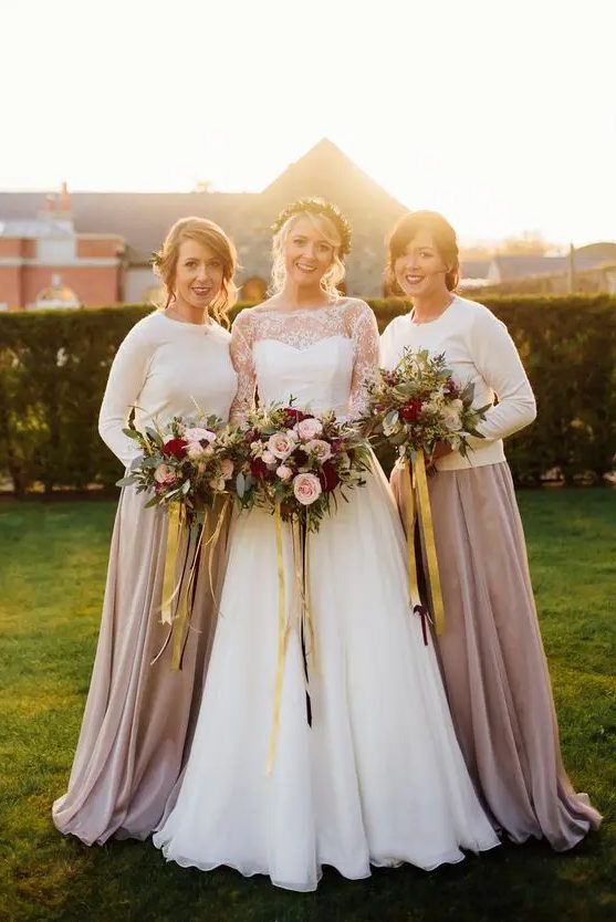 plain white long sleeve tops and blush pleated maxi skirts are ideal for a more relaxed winter wedding as they are comfrotable and look very chic and inspiring