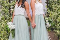 relaxed spring bridesmaid looks with mismatching white crop tops and mint green tulle maxi skirts are amazing