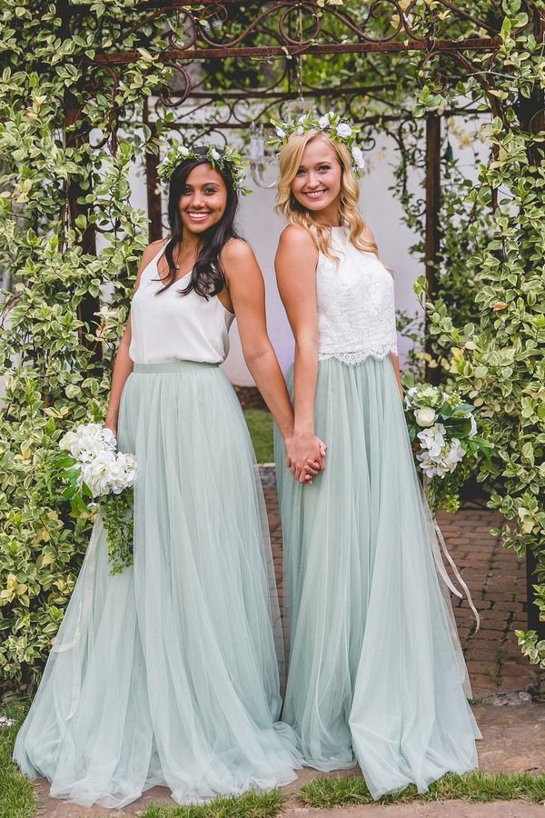 relaxed spring bridesmaid looks with mismatching white crop tops and mint green tulle maxi skirts are amazing
